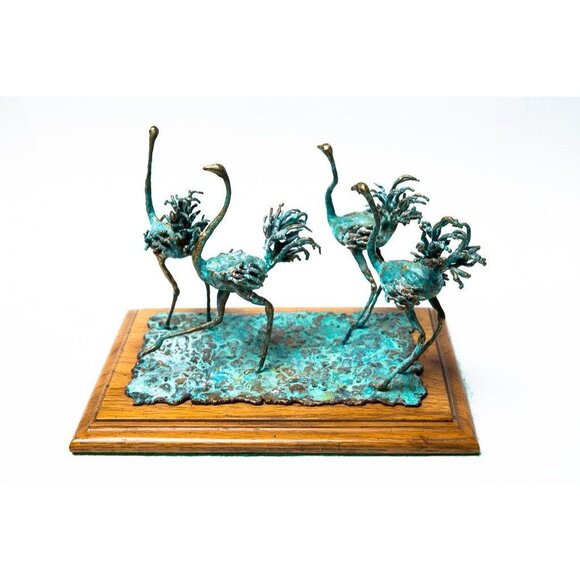 Vtg 1970’s Bronze Sculpture Of A Flock Of Ostriches Signed Artist EVANS Handmade - Picture 1 of 4